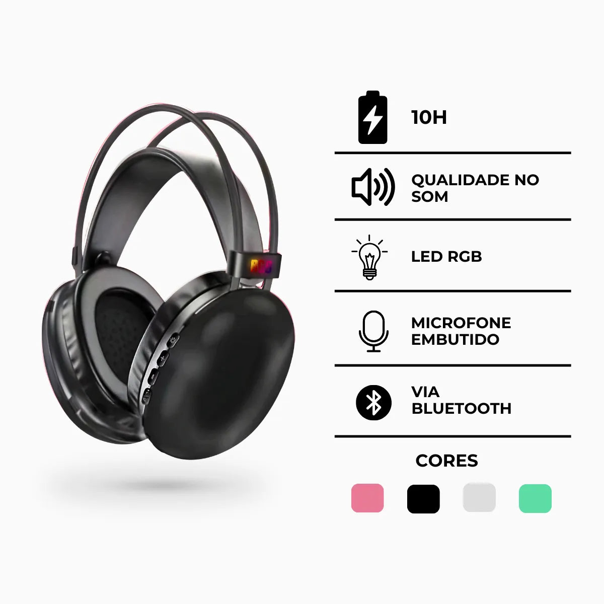 Fone De Ouvido Sem Fio Bluetooth V5.3 Com LED.