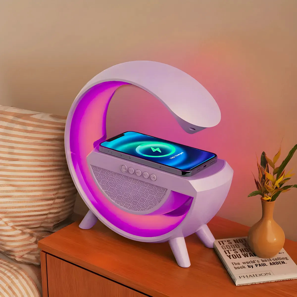 Caixa De Som; Luminária Inteligente  e Carregador Indução.