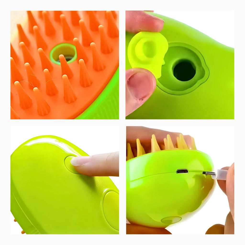 Escova Autolimpante 3 Em 1 Para Pets A Vapor com Spray.