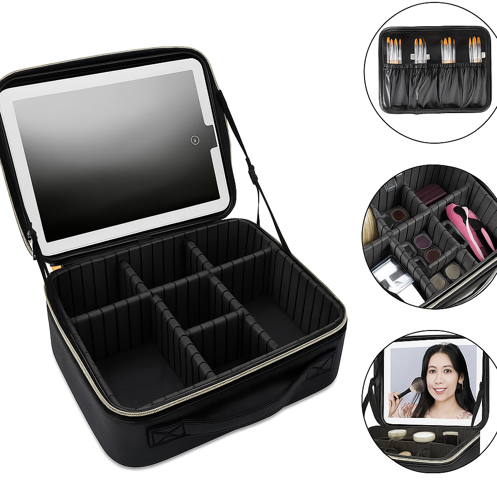 Maleta de Maquiagem com Espelho LED Preto