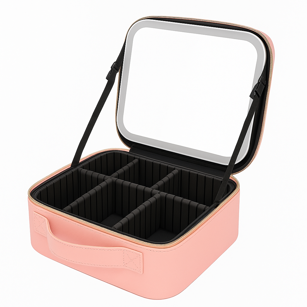 Maleta de Maquiagem com Espelho LED Rosa.
