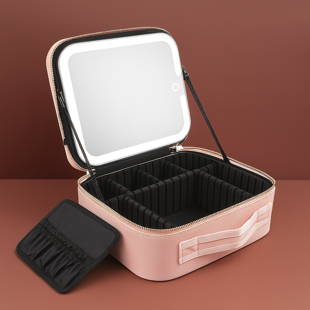 Maleta de Maquiagem com Espelho LED Rosa.