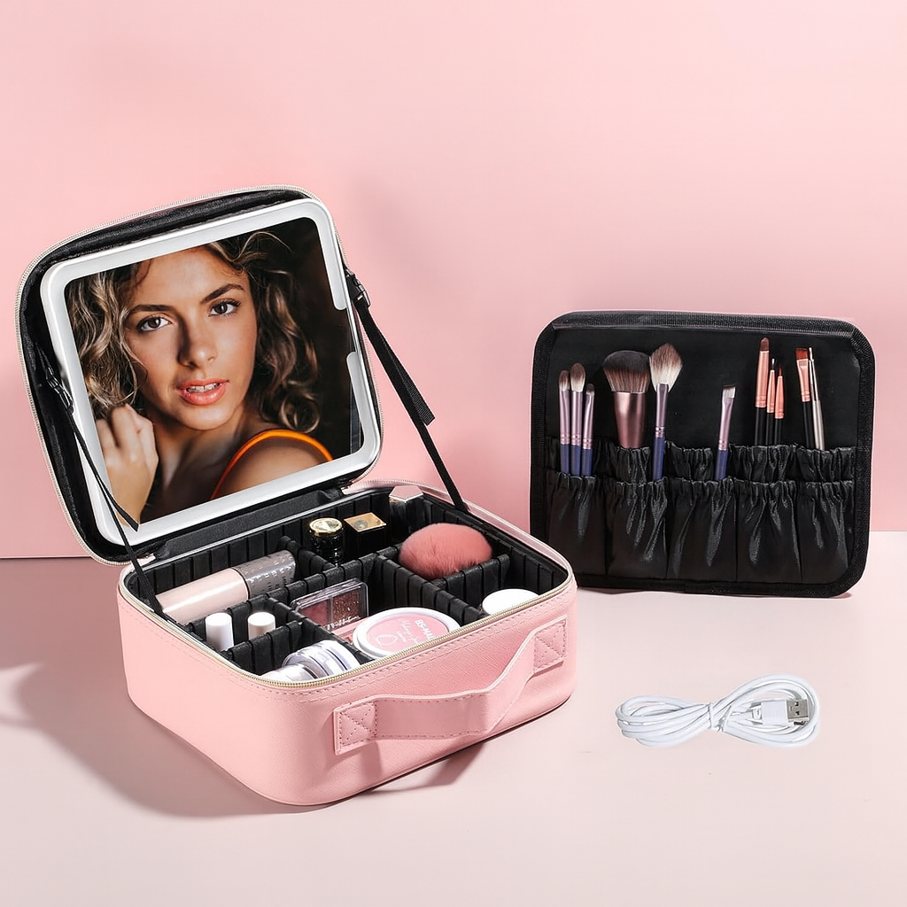 Maleta de Maquiagem com Espelho LED Rosa.