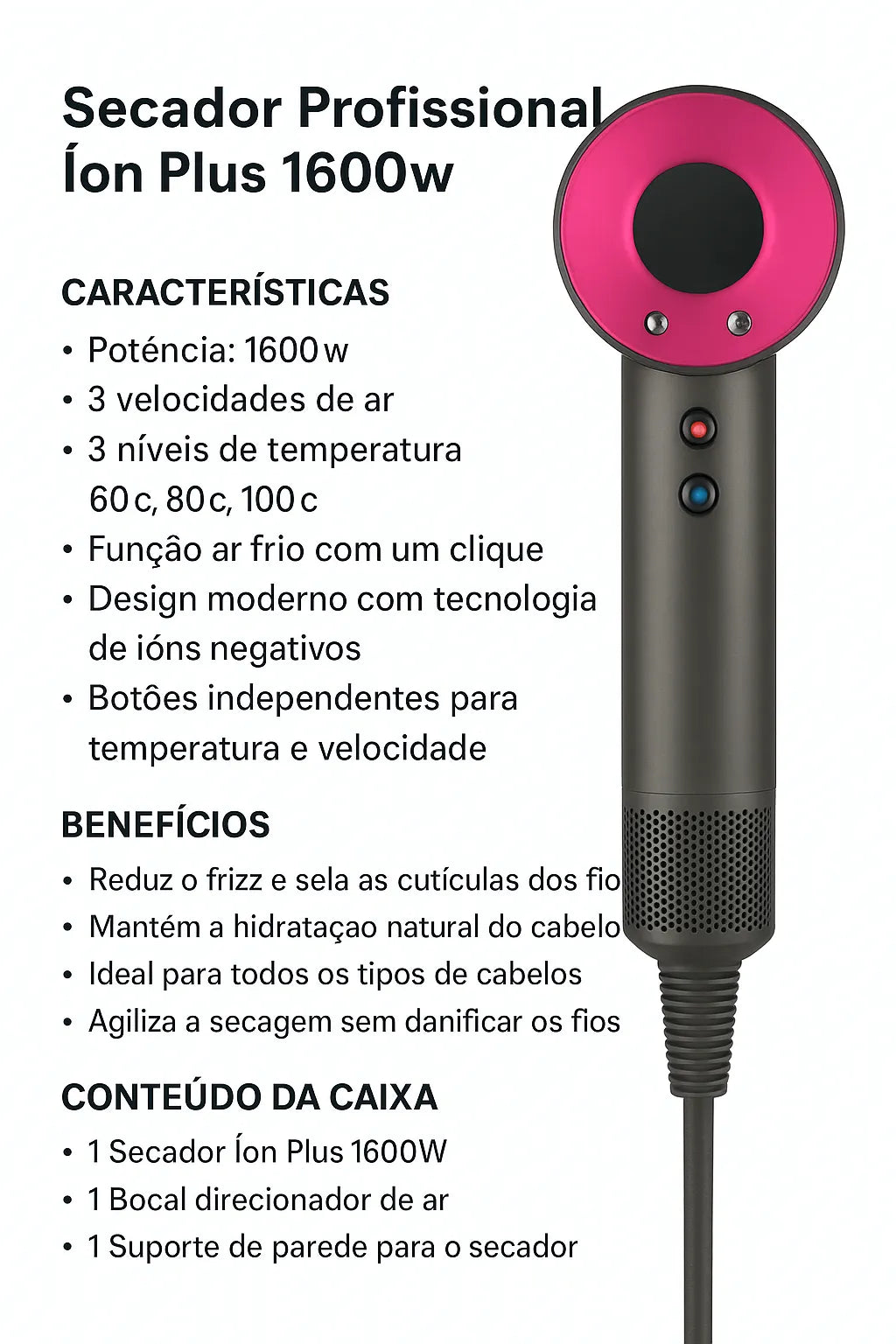 Secador Profissional Íon Plus 1600W.