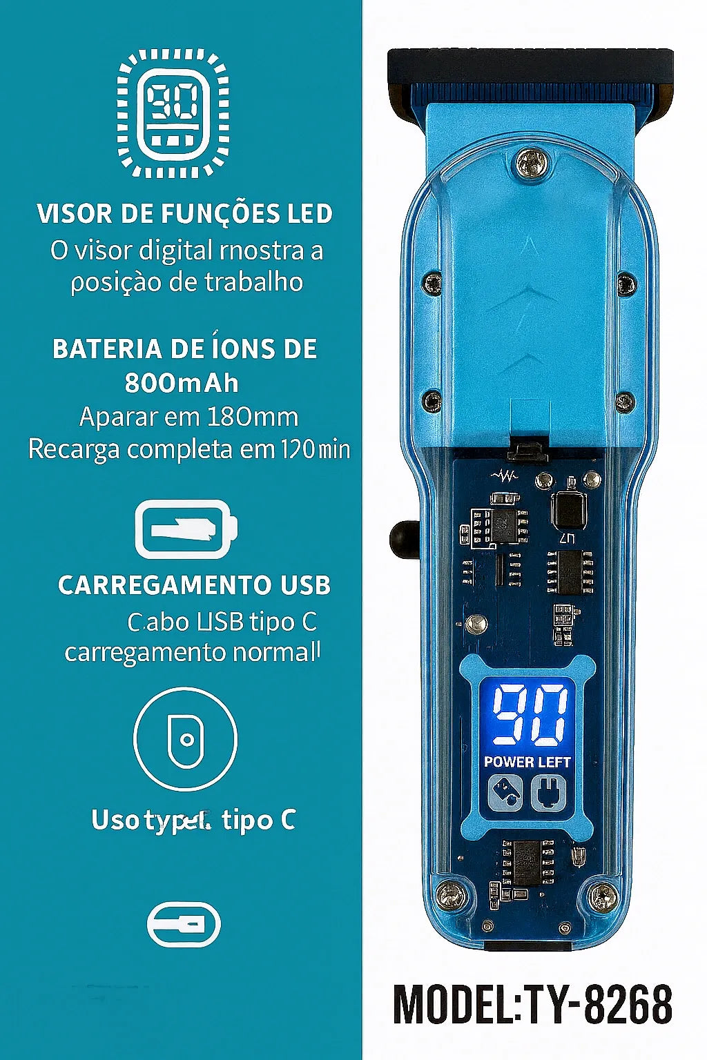 Maquina de Cortar Cabelo Transparente Visor Digital.