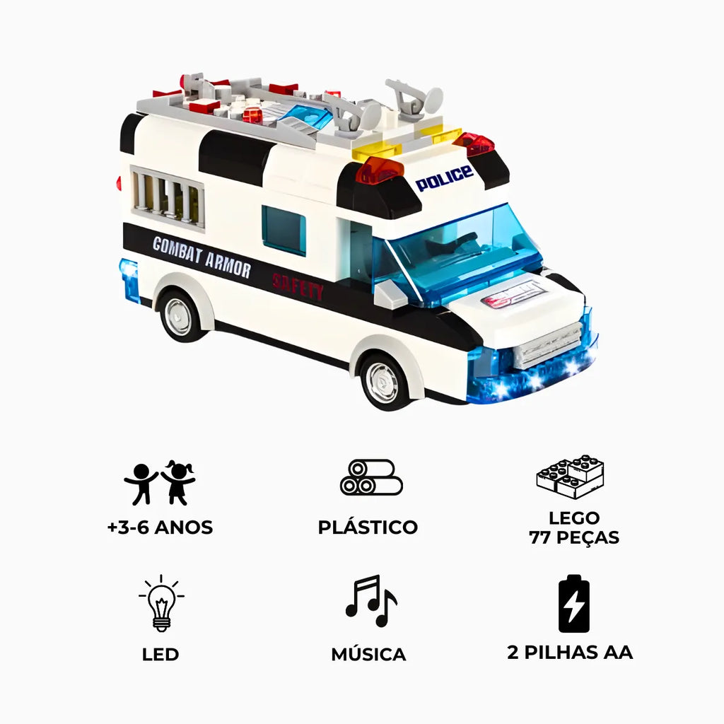 Carro Policia 77 Peças Lego Brinquedo com Luz Som.
