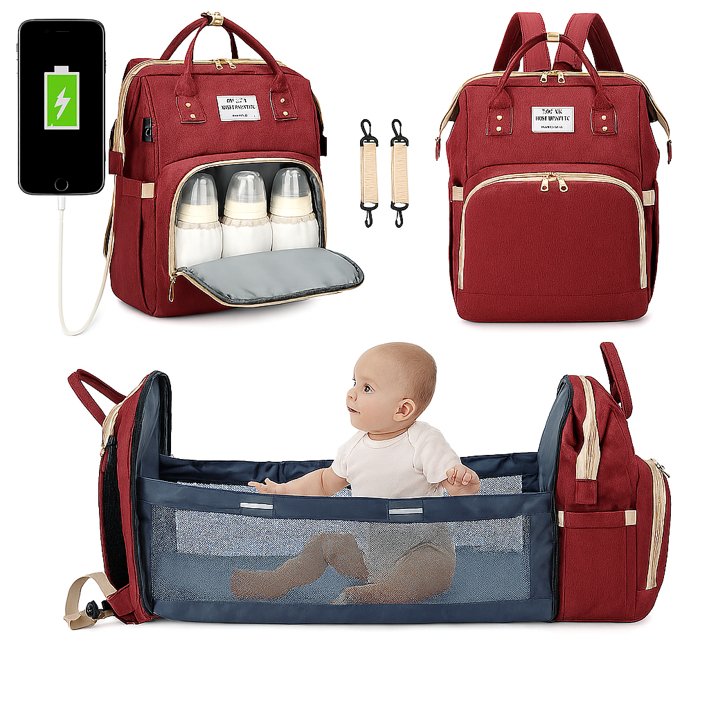 Mochila Maternidade Vira Berço Bebê Usb Impermeável Trocador