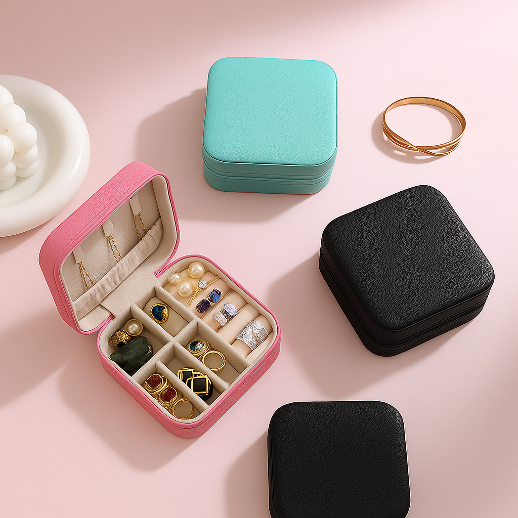 Mini Porta-Jóias em Couro Sintético Rosa Claro.